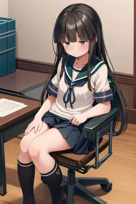 masterpiece,ultradetail, <lora:anmnr01:0.3>  <lora:add_detail:0.5>,<lora:GoodHands-vanilla:0.8>,1girl,petite1girl, hatsuyuki (kancolle), long hair, blunt bangs, serafuku, teal sailor collar, neckerchief, short sleeves, pleated skirt, black socks, anchor sy...