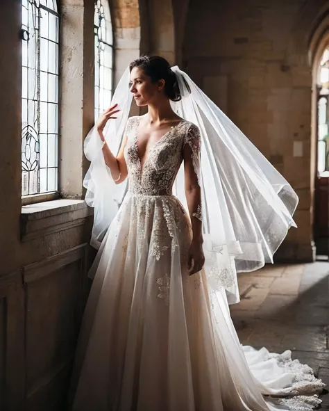 a woman in a wedding dress standing by a window