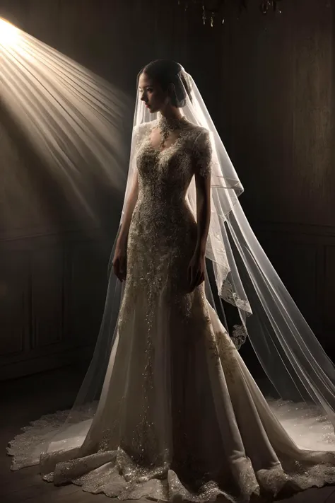 a woman in a wedding dress standing in a room with a light shining on her