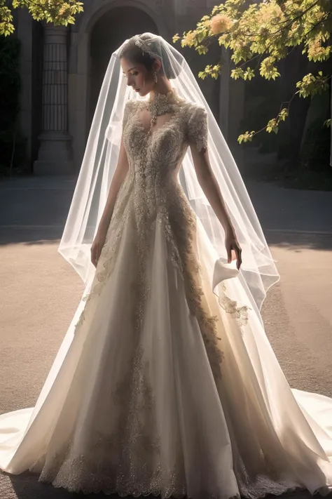 a woman in a wedding dress standing in front of a building