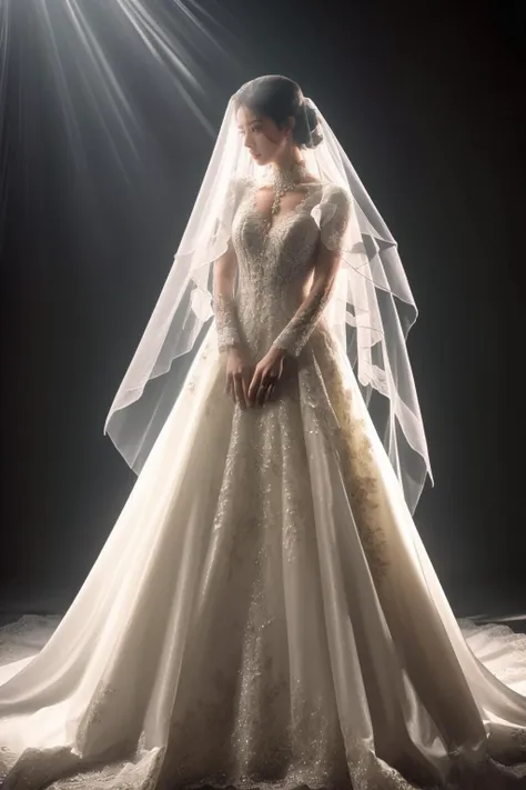 a woman in a wedding dress standing in front of a light