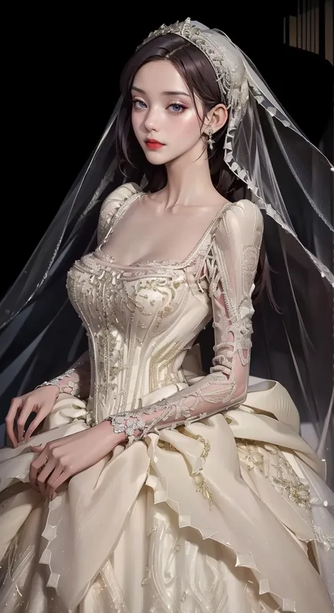 a woman in a wedding dress with a veil and a tiable