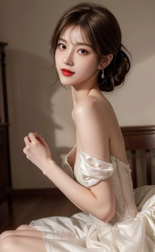 1girl,solo,small breasts,looking at viewer,nsfw,pose,smile,blunt bangs,(eyeliner,blush:0.9),(((sex suggestive,bright red lips,slim))),(pale skin:1.2),beautiful bridal dress,timeless elegant & exquisite,//stunning narrow waist,<lora:pureerosface_v1:0.3>,<lo...