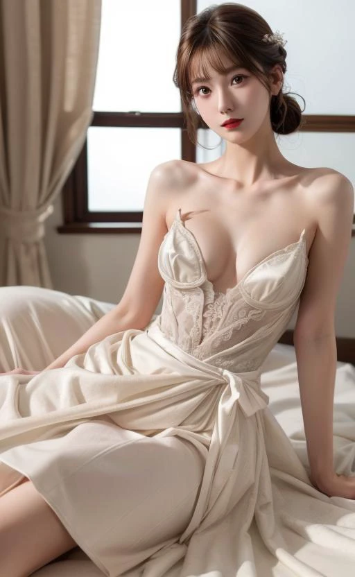 1girl,solo,small breasts,looking at viewer,nsfw,pose,smile,blunt bangs,(eyeliner,blush:0.9),(((sex suggestive,bright red lips,slim))),(pale skin:1.2),beautiful bridal dress,timeless elegant & exquisite,//stunning narrow waist,<lora:pureerosface_v1:0.3>,<lo...