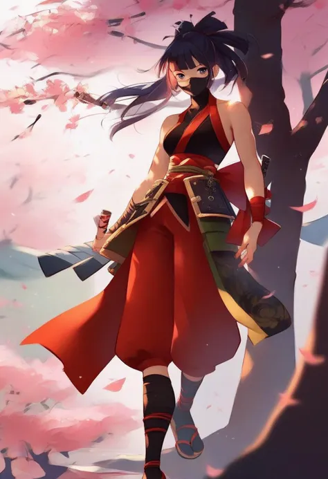 a woman in a red dress holding a sword standing in front of a tree