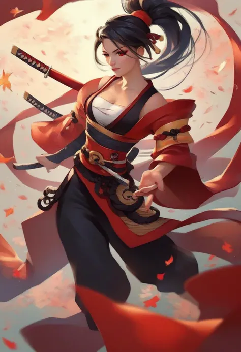 a woman in a red and black outfit holding a sword