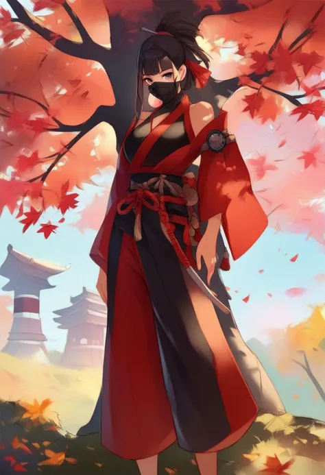 a woman in a red and black kimono standing under a tree