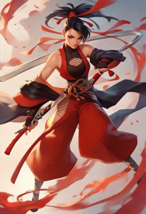 a woman in a red outfit holding a sword and a red and black outfit