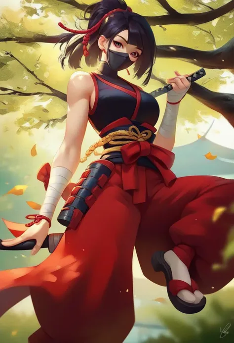 a woman in a red dress holding a sword in a tree