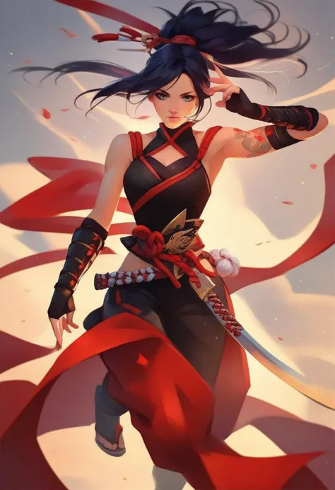 a woman in a red and black outfit holding a sword