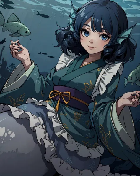 <lora:Wakasagihime:1>, wakasagihime, 1girl,mermaid, monster girl,blue hair,short hair,blue eyes,head fins,japanese clothes, kimono,sash,obi,wide sleeves, long sleeves,underwater, smile, <lyco:aiomonstergirls_aiov2LoraLocon:1.0>, masterpiece, best quality,