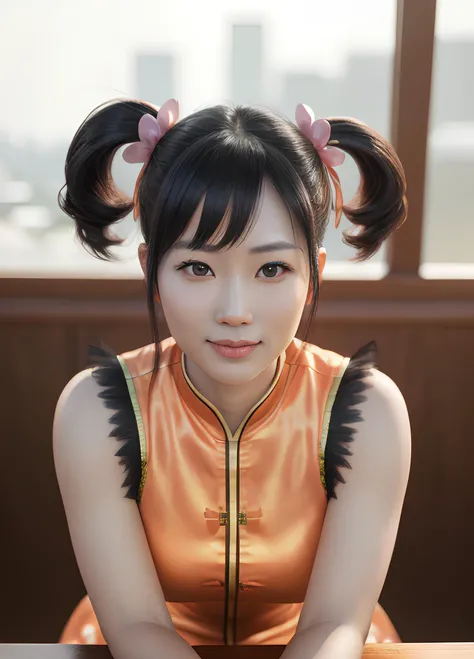 <lora:tekken3_xiaoyu-10:1> ling xiaoyu, twintails, chinese clothes, orange china dress, sleeveless, white shorts, jewelry, bracelet, kong fu pose, (masterpiece, best quality:1.4), (modern days), (cowboy shot), 1girl, solo, pov, sfw, stunning girlfriend, (s...