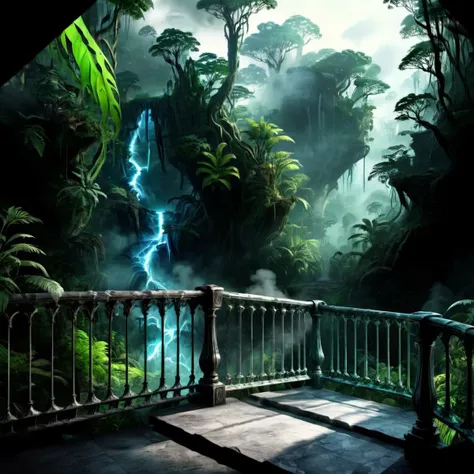 ((best quality)), ((masterpiece)), ((realistic,digital art)), (hyper detailed), smoke Rainforest Railing,Lost Civilization,Soffit, octane rendering, raytracing, volumetric lighting, Backlit,Rim Lighting, 8K, HDR,  <lora:magik_smoke_v1.1:1>