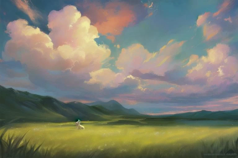 ((((landscape, nature, zero pictured, rolling hills, long grass, clouds, grass, prairie)))), ((by Pino Daeni, by Ruan Jia, by Fumiko, by Levelviolet, by Supplesee)), outside,