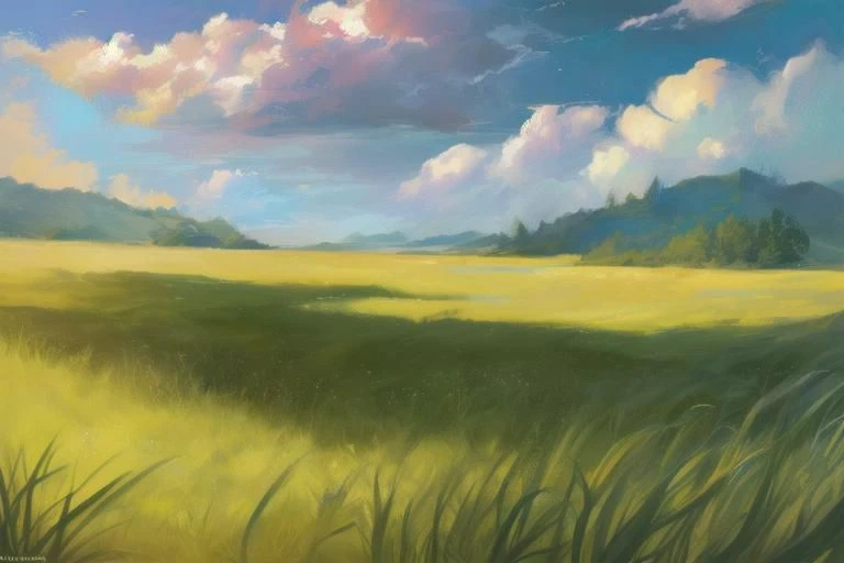 ((((landscape, nature, zero pictured, rolling hills, long grass, clouds, grass, prairie)))), ((by Pino Daeni, by Ruan Jia, by Fumiko, by Levelviolet, by Supplesee)), outside,