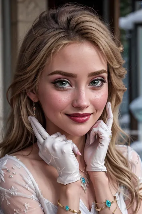 a close up of a woman wearing white gloves and a white dress