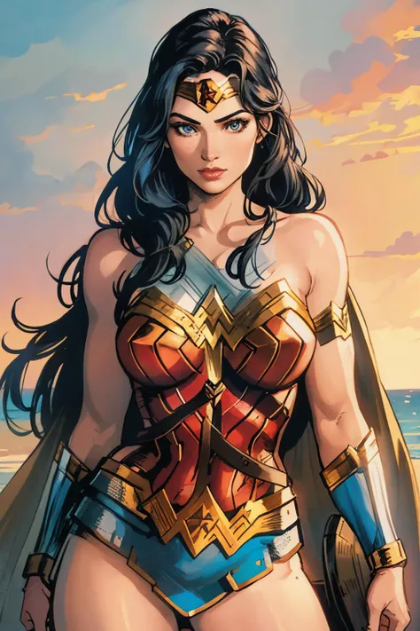 wonder wonder woman standing on the beach with cape over her head