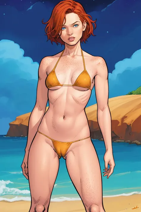 Clay Mann, woman, bikini, cameltoe, night, short messy red hair, freckles, small breasts, standing, masterpiece, best quality, beach