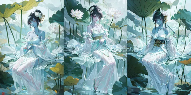 (otherworldly, otherworldly atmosphere, otherworldly appearance), highly insanely detailed, masterpiece, top quality, best quality, highres, 4k, 8k, RAW photo, xuer Lotus leaf, 1girl, (full body:1.1), hanfu, chinese clothes, long sleeves, jewelry, Dynamic ...