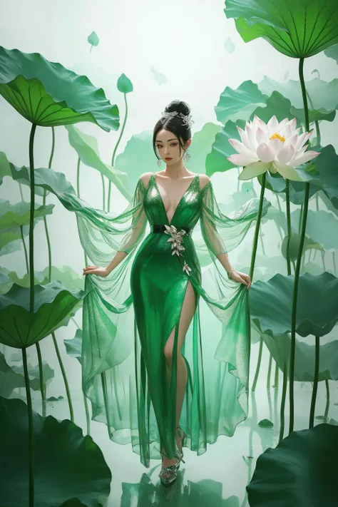 a woman in a green dress standing in a pond of water with lotuses