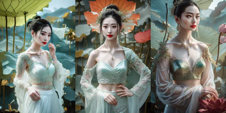 (otherworldly, otherworldly atmosphere, otherworldly appearance), highly insanely detailed, masterpiece, top quality, best quality, highres, 4k, 8k, RAW photo, xuer Lotus leaf, 1girl, (full body:1.1), hanfu, chinese clothes, long sleeves, jewelry, Dynamic ...