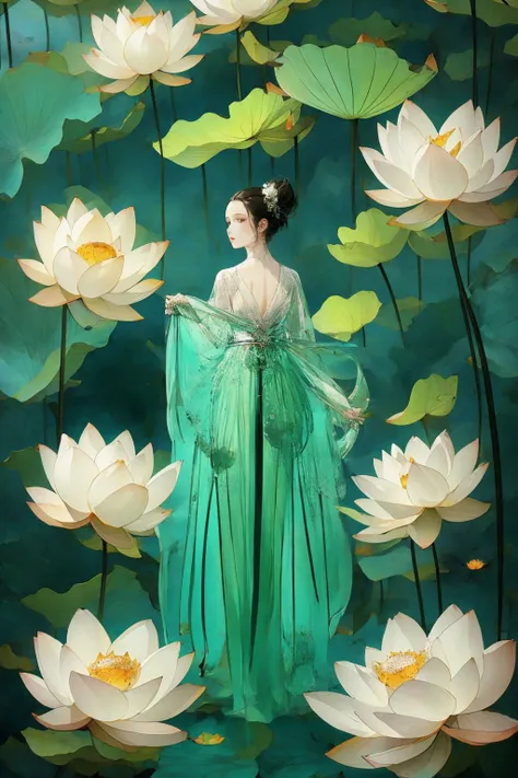 a woman in a green dress standing in front of a bunch of white flowers