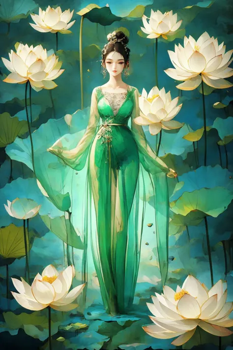 a painting of a woman in a green dress standing in a pond of water lilies