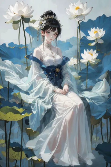 a painting of a woman sitting in a lotus garden with white flowers