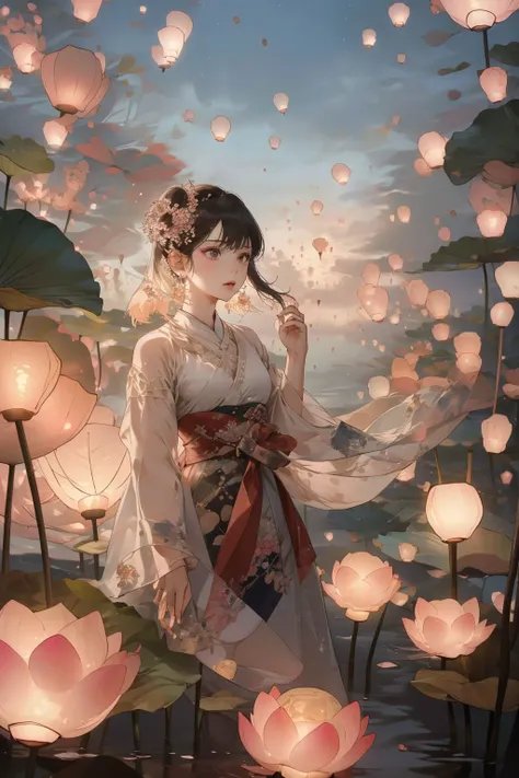 a woman in a kimono dress standing in a pond of water with lanterns