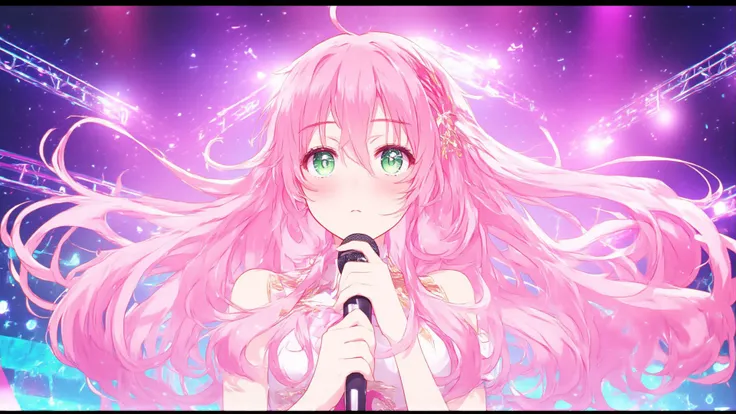 anime, 1girl, pink long hair, solo, green eyes, looking at viewer, stays on a stage with a microphone in her hand, big colorful show with a lot of details,