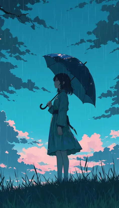 a girl, standing, holding a umbrella, rain, lookup the sky.mia