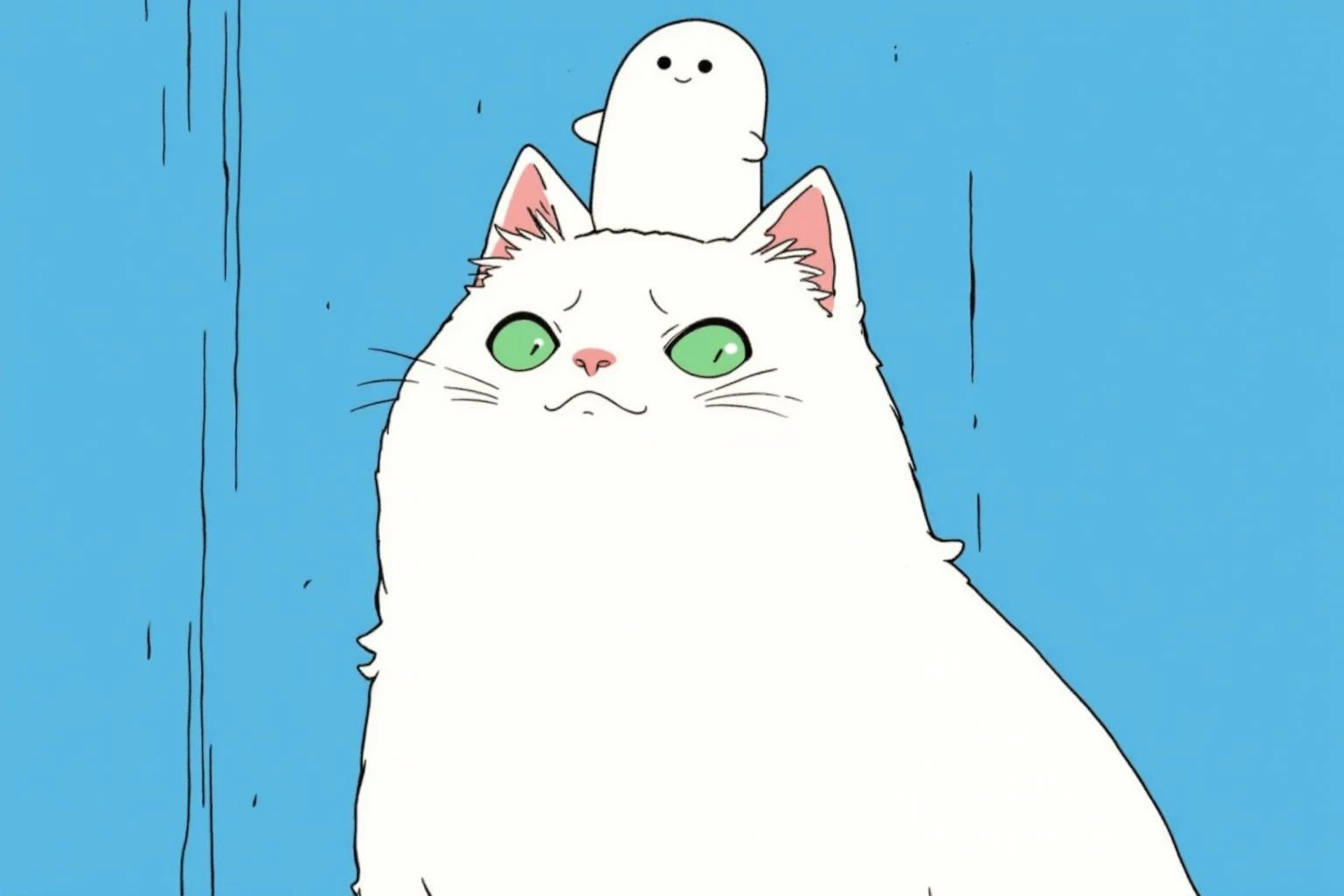 lyh_niji, anime. a white cat with green eyes and a funny expression, with a white ghost standing on its head.  background is a b...