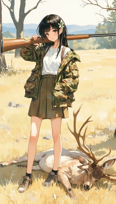 anime illustration,12 years old hunting with rifle,opening day of hunting season,detailed background,black hair or brown hair,we...