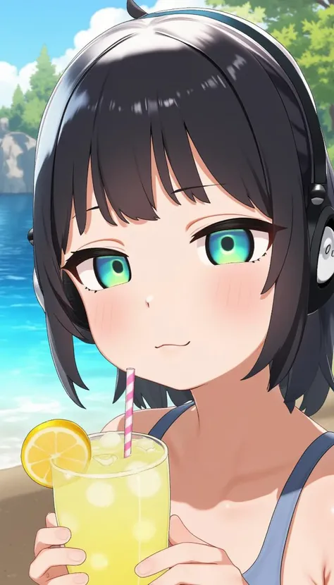 Girl with very beautiful face, headphones, lake, lemonade, 8K, close-up,(gura:0.6),(anya:0.6)