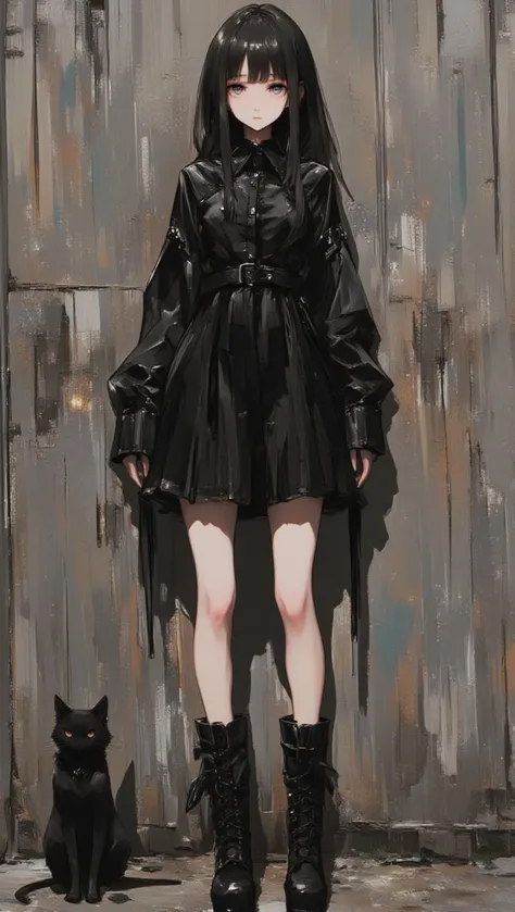 a woman in a black dress and boots standing next to a black cat,lyh_niji