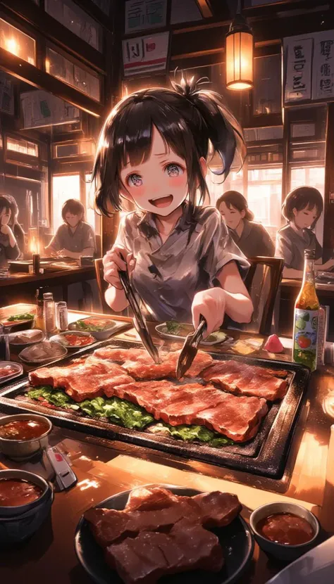 in a cozy, bustling yakiniku restaurant, a young girl with sparkling eyes and a playful smile sits at a traditional wooden table...