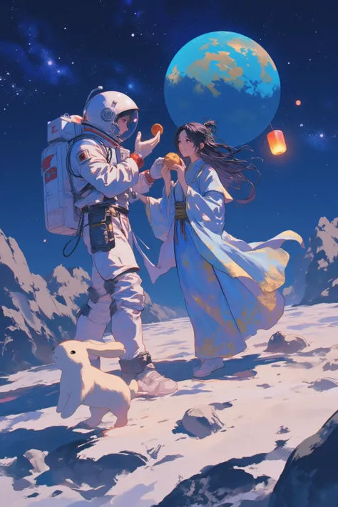 anime style by j.c. leyndecker. lyn. iam. ando. an astronaut celebrating the moon festival on the surface of the moon with chang...