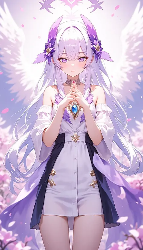 The image is a detailed, fantasy-themed anime illustration featuring a divine being with pale skin, heterochromatic eyes, and long white hair with purple and gold accents. The character wears elaborate attire and jewelry, with large angelic wings that blen...