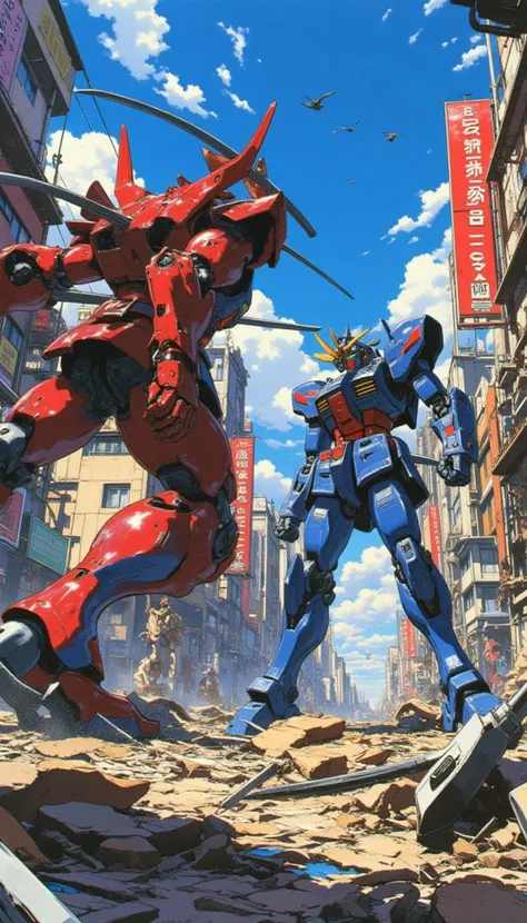 create a battle between two mecha samurai humanoids in a distopic destroyed city as a 1980s anime film