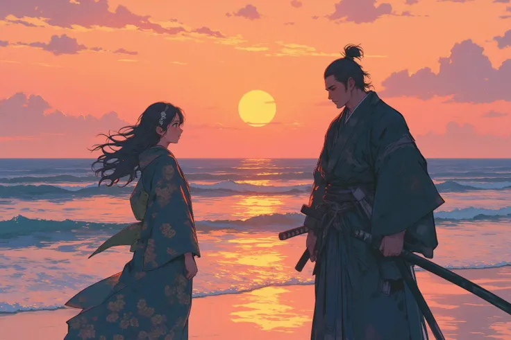 illustrate a deeply emotional and dramatic scene between a ronin and his girlfriend at a seaside, set during their final goodbye...