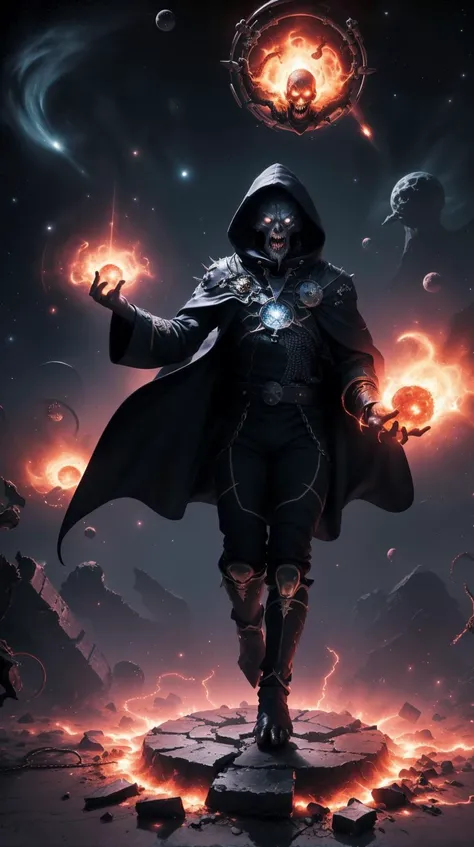 h4l0w3n5l0w5tyl3M3rg34ll  solo, (full body:0.6),  detailed background, detailed face, ((space_style:0.6), cosmic outer space theme:1.1), chaos mage, manic laughter, dark themed hooded wizard cloak,  channeling colorful swirling chaotic aura, dark energies ...