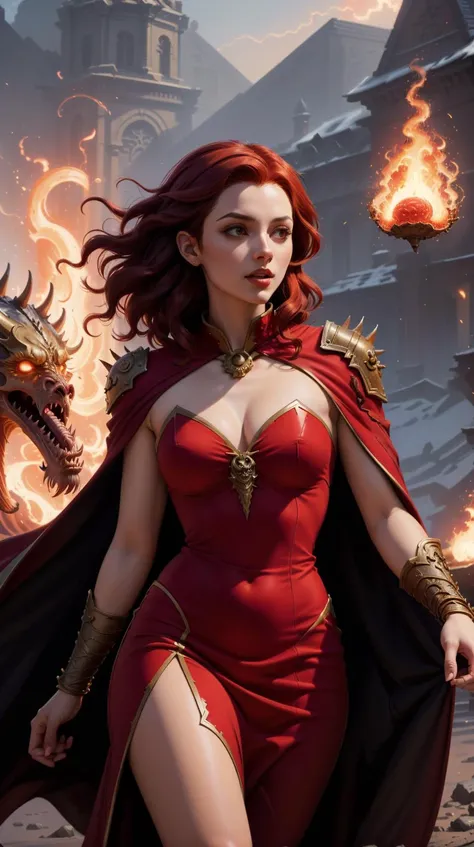 WrongHole portrait of a female draconic sorcerer with curly red hair wearing a red dress and a red cloak throwing a fireball, fantasy, intricate, elegant, extremely detailed, digital painting, artstation, concept art, character art, smooth, sharp focus, il...