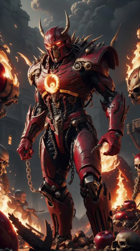 TransformersStyle Brown, Maroon, apple, mechanical, technical, hi-tech, sci-fi <lora:TransformersStyle:0.6> apple, Khorne_World apple, skulls, chain, spikes, fantasy, fire, red glow, red theme <lora:Khorne_World:0.6>, (Masterpiece:1.3) (best quality:1.2) (...