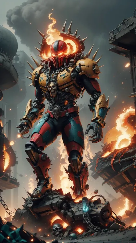 TransformersStyle yellow (orange:0.8), Teal, particle systems, mechanical, technical, hi-tech, sci-fi <lora:TransformersStyle:0.6> particle systems, Khorne_World particle systems, skulls, chain, spikes, fantasy, fire, red glow, red theme <lora:Khorne_World...