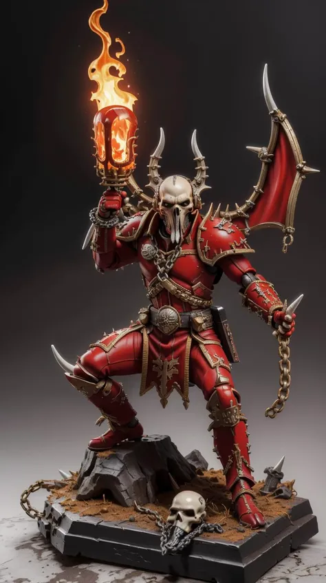 TheEmpireStyle, white Miniature figurine, hi-tech plastic <lora:TheEmpireStyle:0.6> Miniature figurine, Khorne_World Miniature figurine, skulls, chain, spikes, fantasy, fire, red glow, red theme <lora:Khorne_World:0.6>, (Masterpiece:1.3) (best quality:1.2)...