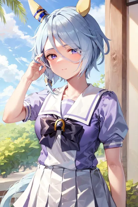 masterpiece, best quality, 
k.s.miracle (umamusume), 
tracen school uniform, ear covers, summer uniform, serafuku, puffy short sleeves, purple bowtie, horseshoe ornament, sailor collar, sailor shirt, purple shirt, white skirt, pleated skirt
<lyco:k.s.mirac...