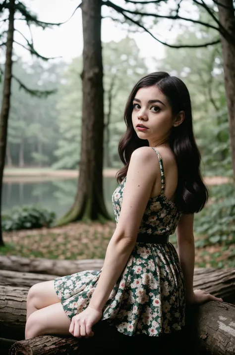 tv_Ebbie_Jones_MXAI_v1, , calm expression, wearing a colorful sundress, sitting on a log at a misty forest pond, golden hour, shot from the side,,  (((epic-Ultra-HD-details, epic-Ultra-HD-highlights, epic-photo-same-realistic, upscaled-resolution, optimal)...