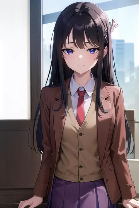 anime girl in a brown jacket and purple skirt standing in front of a window