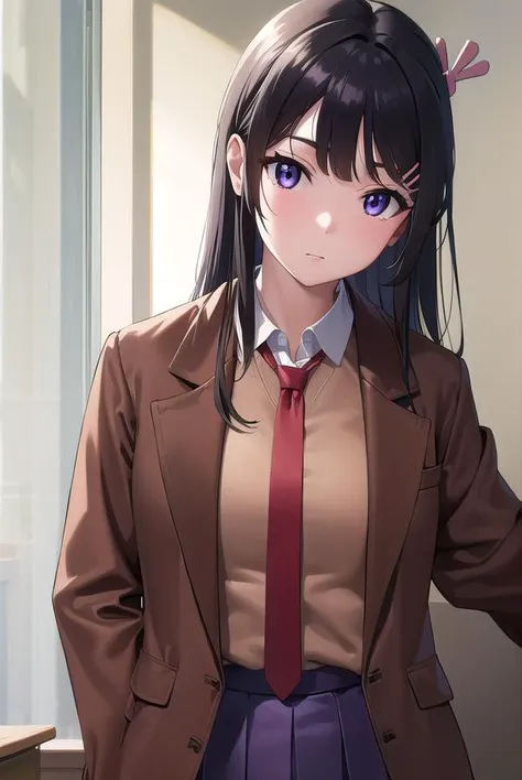 anime girl in a brown jacket and red tie standing in front of a window