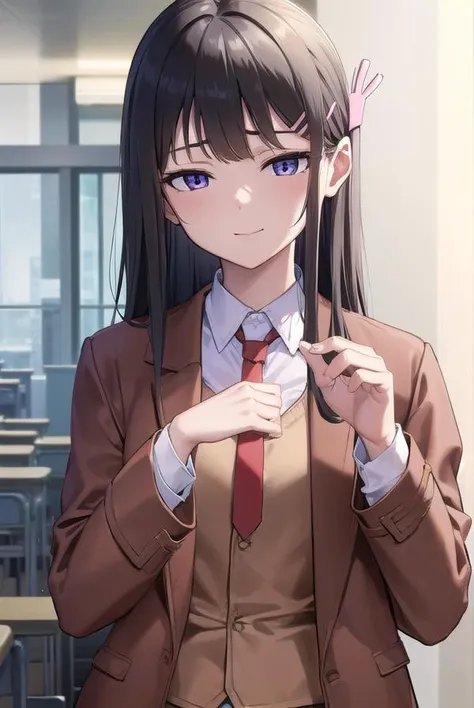 anime girl in a brown suit and red tie standing in a classroom